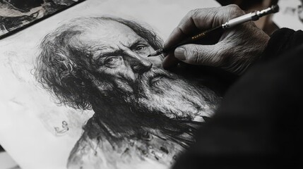 Naklejka premium Detailed Portrait Drawing of an Elderly Man with Artistic Tools