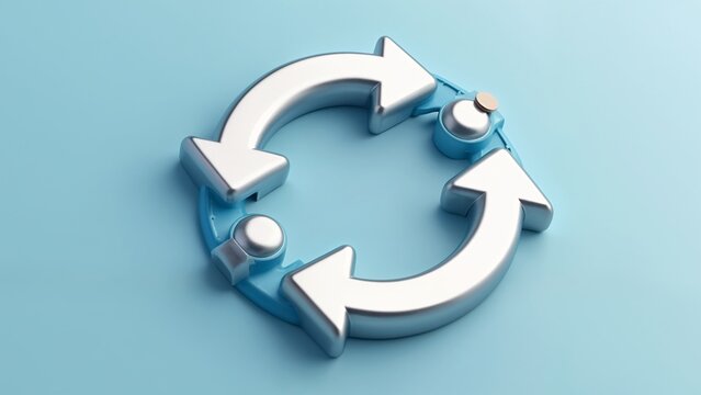 A 3D rendering of a silver circular symbol with three arrows pointing in different directions.