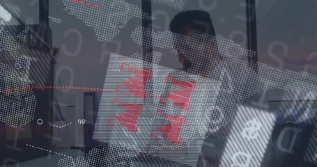 man typing on laptop in modern data analytics office, displaying digital world map with bar charts - Powered by Adobe