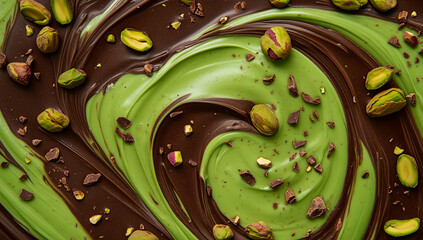 A rich, swirling backdrop of green and dark chocolate, delicately scattered with crunchy pistachios for extra texture and flavor.