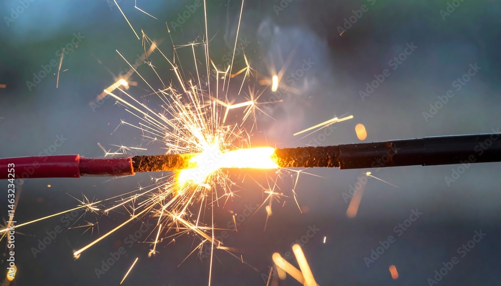 Poster a close-up of a spark igniting between two wires, showcasing vibrant sparks and a bright glow agains