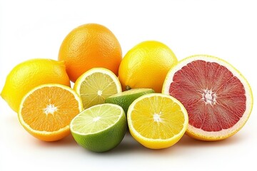 Artistic arrangement of fresh citrus fruits, including oranges, lemons, and limes, cut in half and placed on a clean white background.
