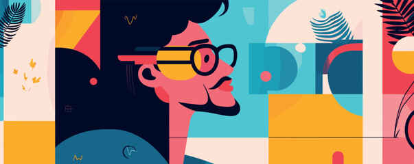 Abstract portrait of a stylish man with glasses in vibrant pop art style.