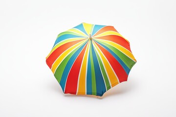 Colorful beach umbrella with a classic striped pattern, neatly placed on a clean white background, symbolizing sun protection.