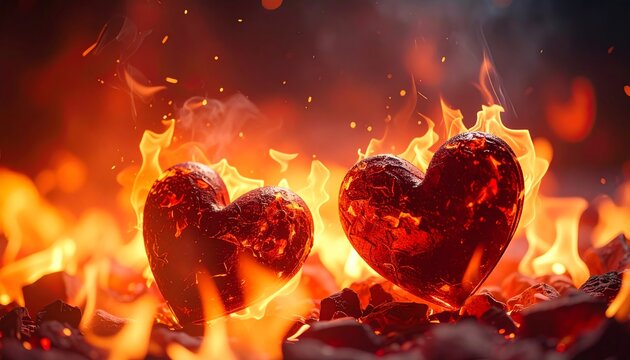 Two glowing hearts surrounded by fire and flames, symbolizing passion and intensity in a dramatic, fiery setting