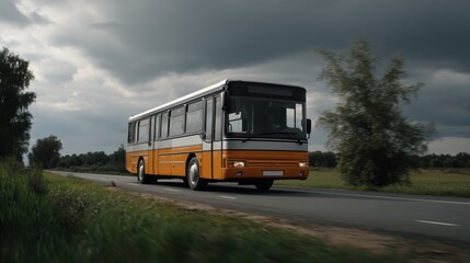 Fototapeta premium bus arriving at a remote village, small rural bus stop, countryside transport, bus ride through nature, rural travel.