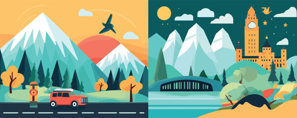 Fototapeta premium Stunning landscape with red suv and airplane near mountains and river under starry sky.