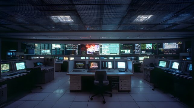Cutting Edge Wireless Network Control Center Interior Showcasing Advanced Telecommunication Infrastructure Management Systems Operational Layout