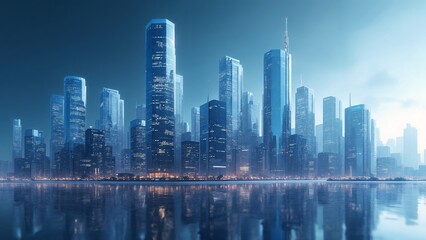 Fototapeta premium A futuristic cityscape is reflected in the water.