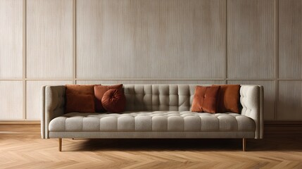 Transform lounge featuring tufted boucle sofa with burnt orange accents for warmth elegance and sophistication