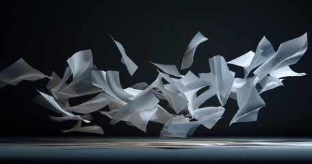 Floating white papers in artistic motion.