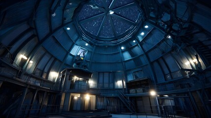Obraz premium Step Inside the Futuristic Asteroid Observatory Dome Interior Featuring Panoramic Space Viewports and Hi-Tech Instrumentation