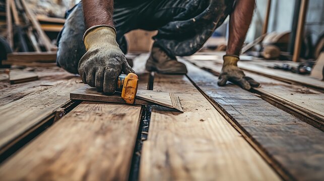 Construction Worker Measuring Wood Planks