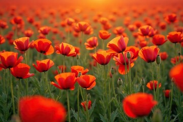 Bold poppy field pattern, vibrant red and orange hues, nature, design