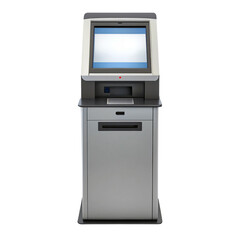 Self-service kiosk with touchscreen display and sleek design.