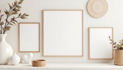 A white wall with a variety of framed pictures and plants