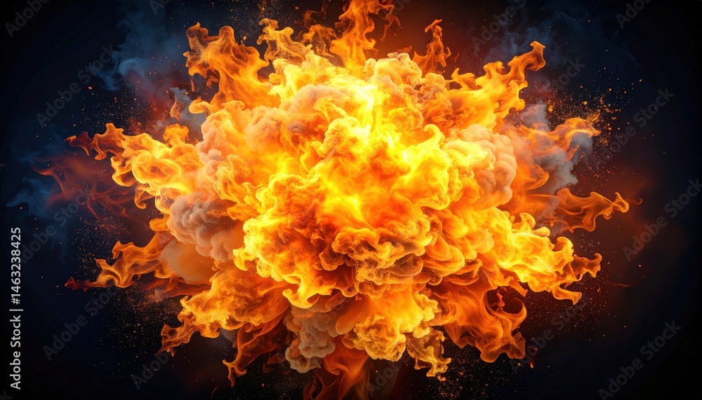 Poster a vibrant explosion of fire and smoke, creating a dramatic visual effect with dynamic movement and i
