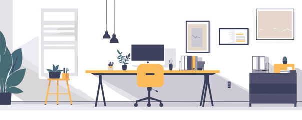 Modern home office interior with desk, chair, and plants in minimalist style.