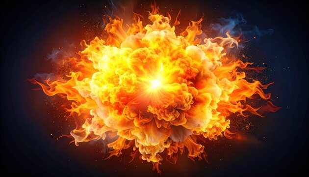 A vibrant explosion of fire and smoke creates a dramatic visual effect, showcasing intense colors and dynamic movement