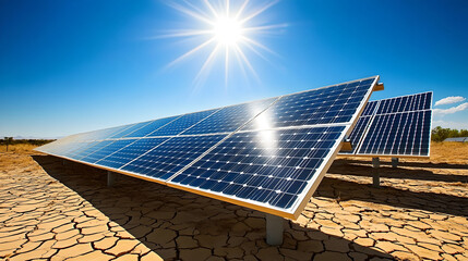 Solar panels soak up sun in dry desert, producing clean renewable energy power.