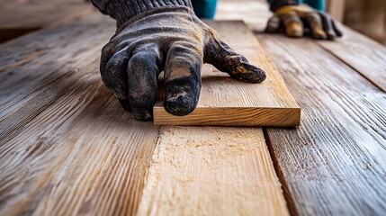 Hand in Glove Holding a Wooden Plank