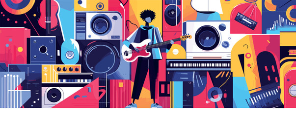 Young man playing guitar amid vibrant musical instruments in abstract art style.