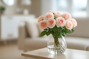 Obraz premium A beautifully arranged bouquet of soft pink roses in a clear vase, adding elegance to any interior space.