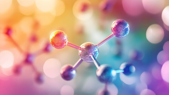 Molecular structure model against a blurred colorful background representing scientific concepts. - Powered by Adobe