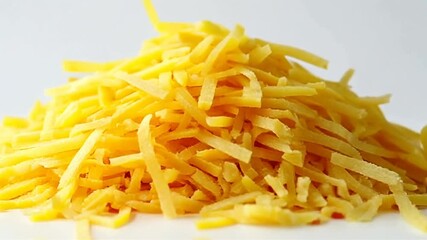 High Angle Close Up of Shredded Cheddar Cheese Pile on White Background with Bright Studio Lighting Perfect for Culinary Recipe Illustration