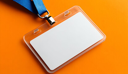 A blank name tag with a blue lanyard, designed for events or conferences, resting on a vibrant orange surface.