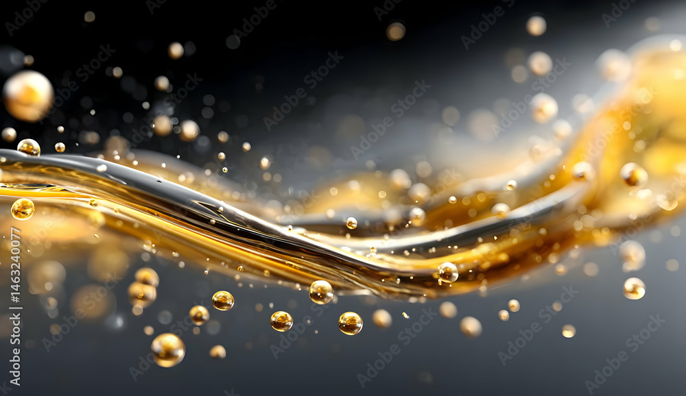 Poster a captivating close-up image of a golden liquid flowing in an artistic wave, showcasing bubbles and 