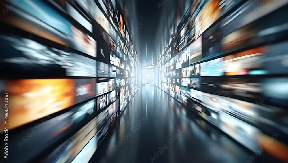 Poster a captivating digital corridor filled with vibrant screens, creating an immersive visual experience 