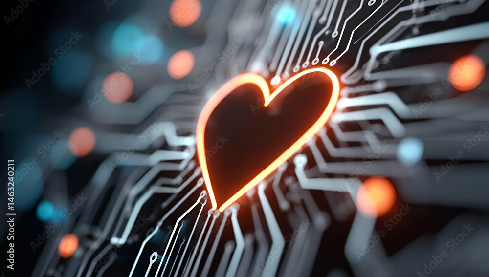 Poster a captivating visual of a heart integrated into a circuit board, symbolizing the fusion of technolog
