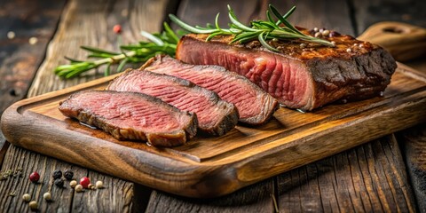Sous-vide cooked steak sliced on wooden board with medium-rare doneness, food photography, meat, food photography