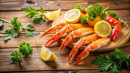 Fresh crab claw with succulent shrimp on a vibrant lemon and herb background, set against a warm and inviting wooden table , herbs