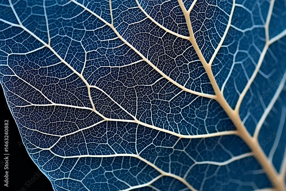 Poster a close-up of a delicate leaf structure, highlighting its intricate veins and patterns in a stunning