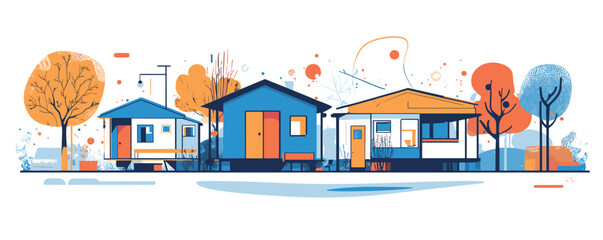 Fototapeta premium Colorful autumn houses amidst abstract landscape with trees and geometric shapes.