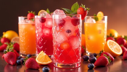 Four glasses of different colored drinks with ice cubes