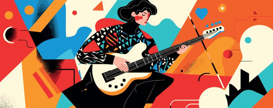 Abstract artwork of woman playing guitar with geometric shapes and vibrant colors.