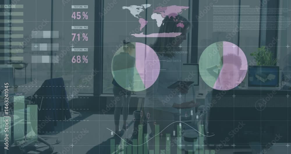 Poster marketing team analyzing data in modern office, overlay displaying pie charts, bar graphs