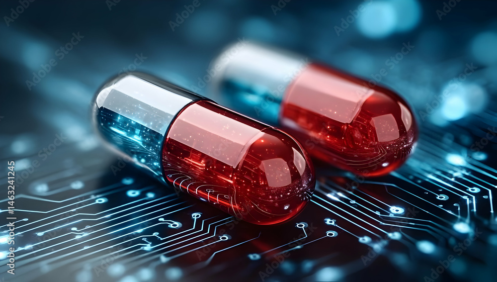 Poster a close-up of vibrant red and blue capsules resting on a circuit board background, symbolizing the i