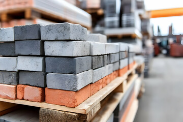 Naklejka premium A close-up of stacked bricks showcasing various colors and textures in a construction yard, perfect for illustrating building materials and industry.
