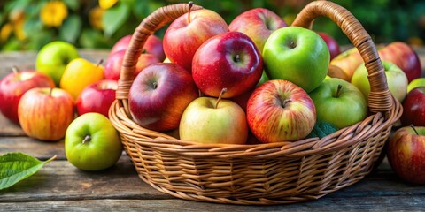 Apple basket with multiple varieties of apples in different colors and sizes , selection, assorted,  selection