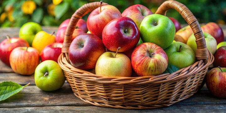 Apple basket with multiple varieties of apples in different colors and sizes , selection, assorted,  selection