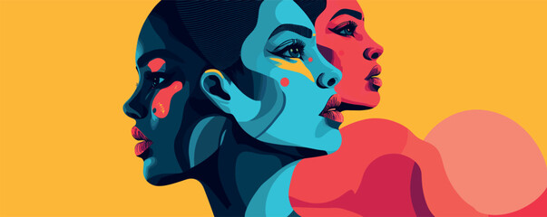 Abstract portraits of diverse women in vibrant colors with bold shapes and patterns.