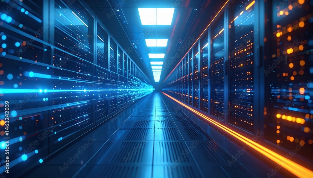 Poster a futuristic data center hallway illuminated by blue and orange lights, showcasing rows of servers w