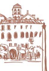 square in venice, travel sketch, monochrome drawing