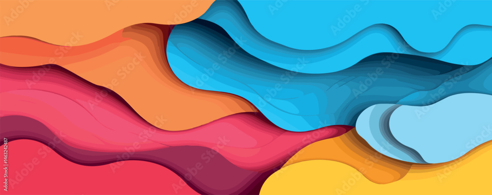 Poster colorful abstract wave patterns with vibrant layers and fluid shapes.