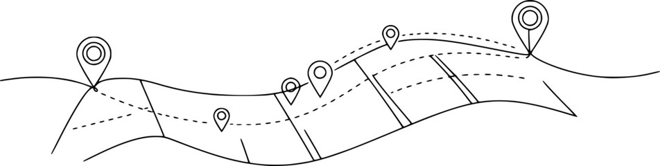 Abstract Traffic route between two points on map. Geolocation signs and trip plan trace Continuous line art drawing vector illustration
