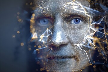 Futuristic digital face with glowing elements.